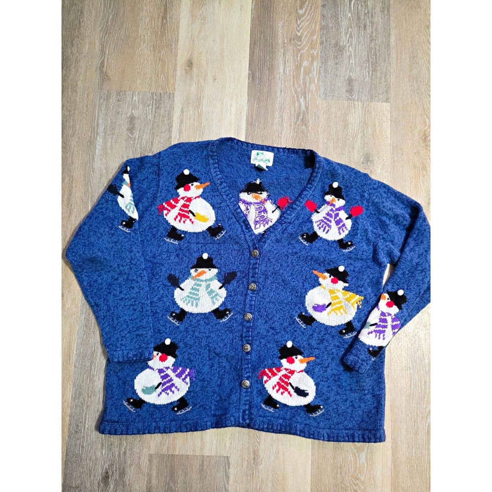Quacker Factory Snowman Knit Button Bells Cardigan Sweater 1x Vintage Novelty